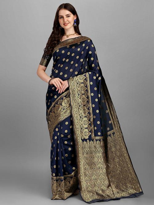 golden zari work banarasi saree with blouse - 18461285 - Very Small Image - 1