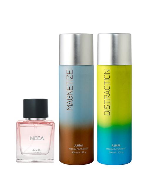ajmal distraction deo 200 ml and magnetize deo 200 ml and neea edp 50 ml for women +2 perfume testers free - 18461361 - Very Small Image - 1