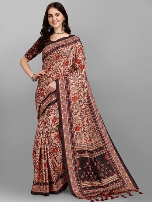 women's floral beige colored saree with blouse - 18462084 - Very Small Image - 1