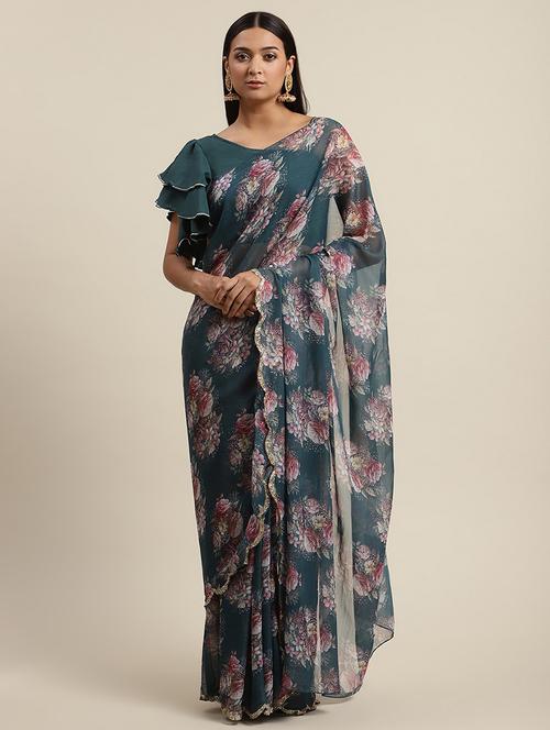 teal zari bordered floral saree with blouse - 18463619 - Very Small Image - 1