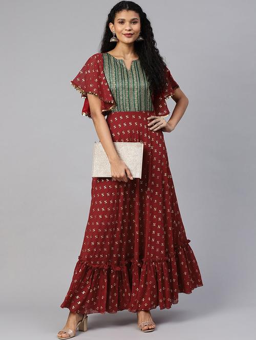 maroon foil print a-line kurta - 18463696 - Very Small Image - 1