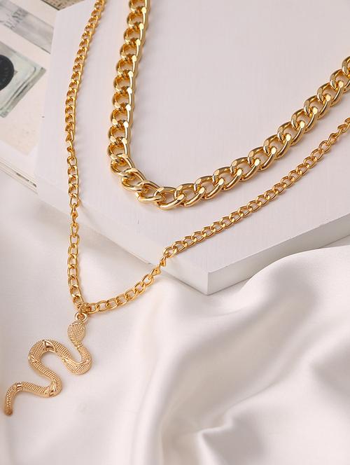 stunning gold plated double layered chunky chain link and snake pendant necklace for women and girls - 18464833 - Very Small Image - 1