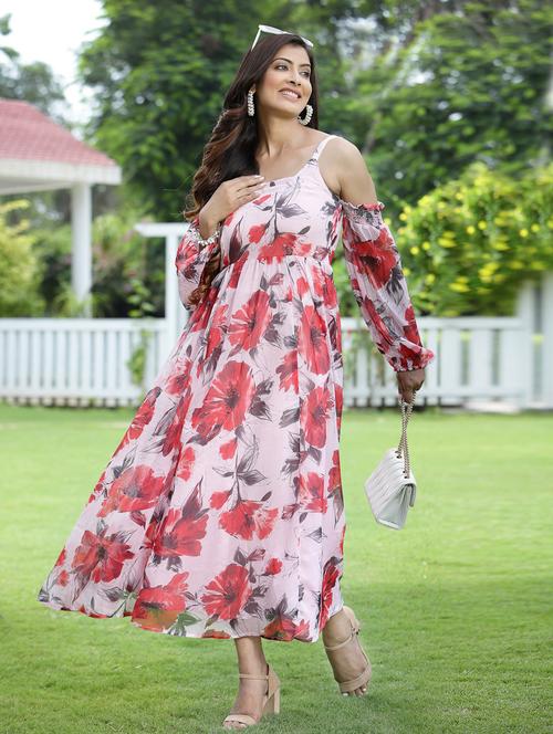 women floral print cold shoulder fit& flare dress - 18465710 - Very Small Image - 1