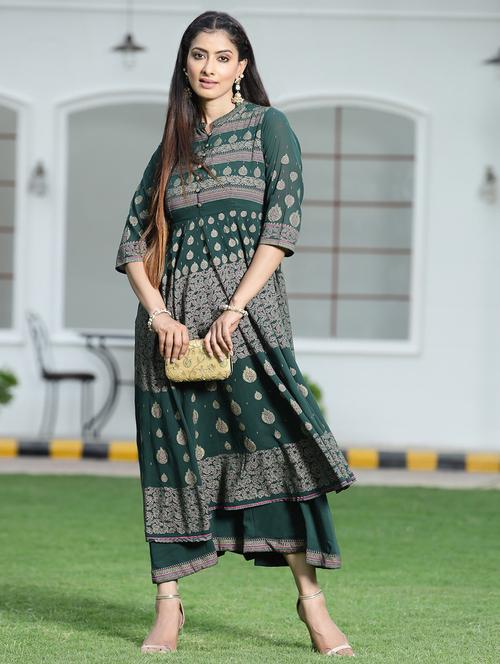 bottle green layered ethnic dress - 18465714 - Very Small Image - 1