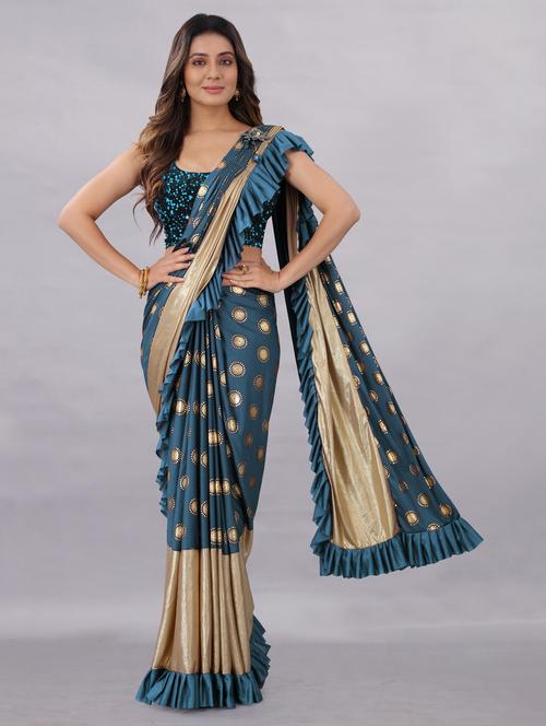 foil printed ruffle saree with blouse - 18466764 - Very Small Image - 1