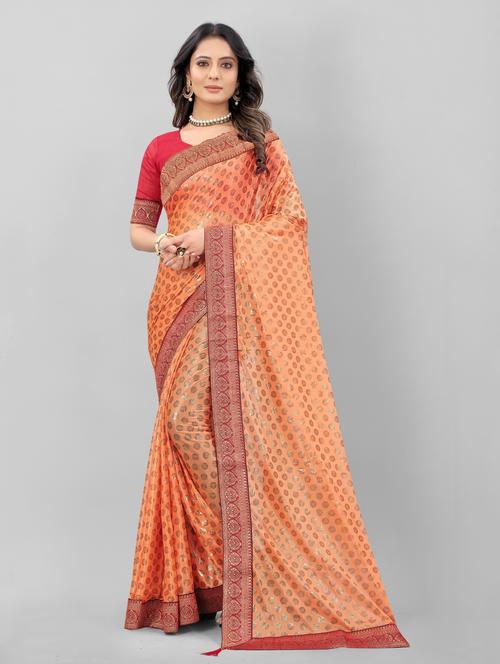 lace detailed foil printed saree with blouse - 18466809 - Very Small Image - 1