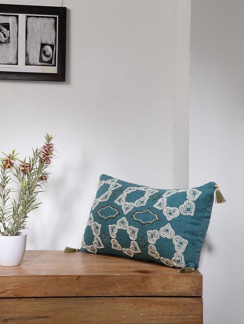 blanc9 royal damask peacock blue embroidered & embellished cotton rectangle cushion cover with tassels 12x20inches - 18473103 - Very Small Image - 1