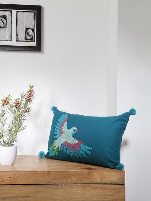 blanc9 royal crest embroidered royal blue rectangle cotton cushion cover with pompoms 12x20inches - 18473114 - Very Small Image - 1