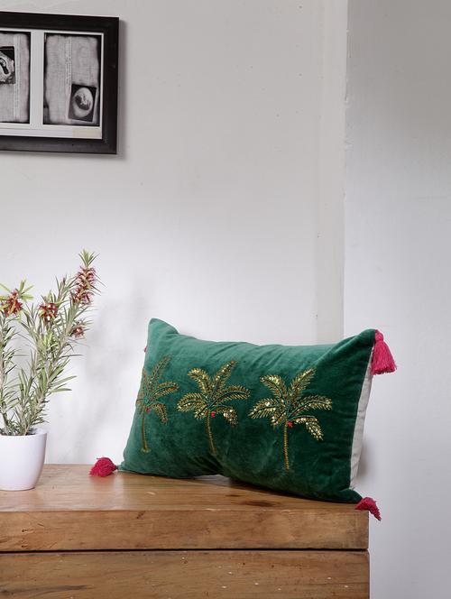 blanc9 golden balsa embroidered & sequin embellished green rectangle cotton cushion cover with pompoms 12x20inches - 18473115 - Very Small Image - 1