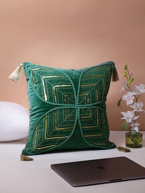 blanc9 green pallav embroidered cotton square cushion cover 16 x16 inches - 18473134 - Very Small Image - 1