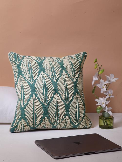 blanc9 blue fern embroidered square cushion cover 16 x16 inches - 18473139 - Very Small Image - 1
