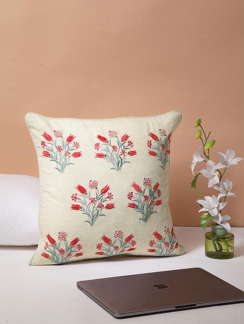 blanc9 off-white floral cotton embroidered cushion cover 16 x16 inches - 18473142 - Very Small Image - 1