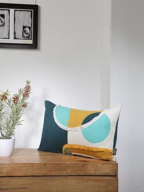 blanc9  mustard cotton geo colourblock peacock blue cushion cover 12 x20 inches - 18473153 - Very Small Image - 1