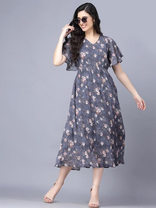 flute sleeved printed fit & flare dress - 18473357 - Very Small Image - 1