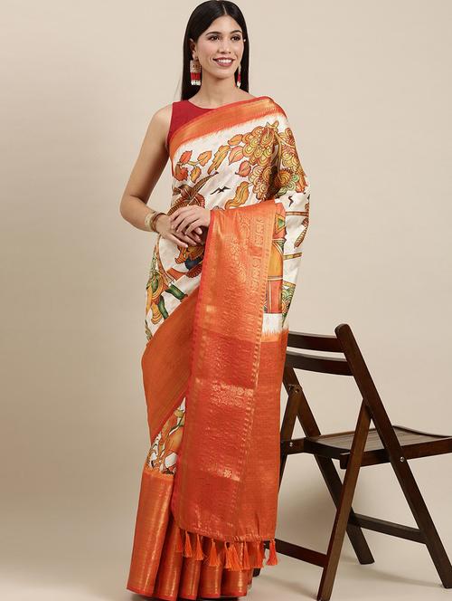 contrast border printed woven saree  with blouse - 18474012 - Very Small Image - 1