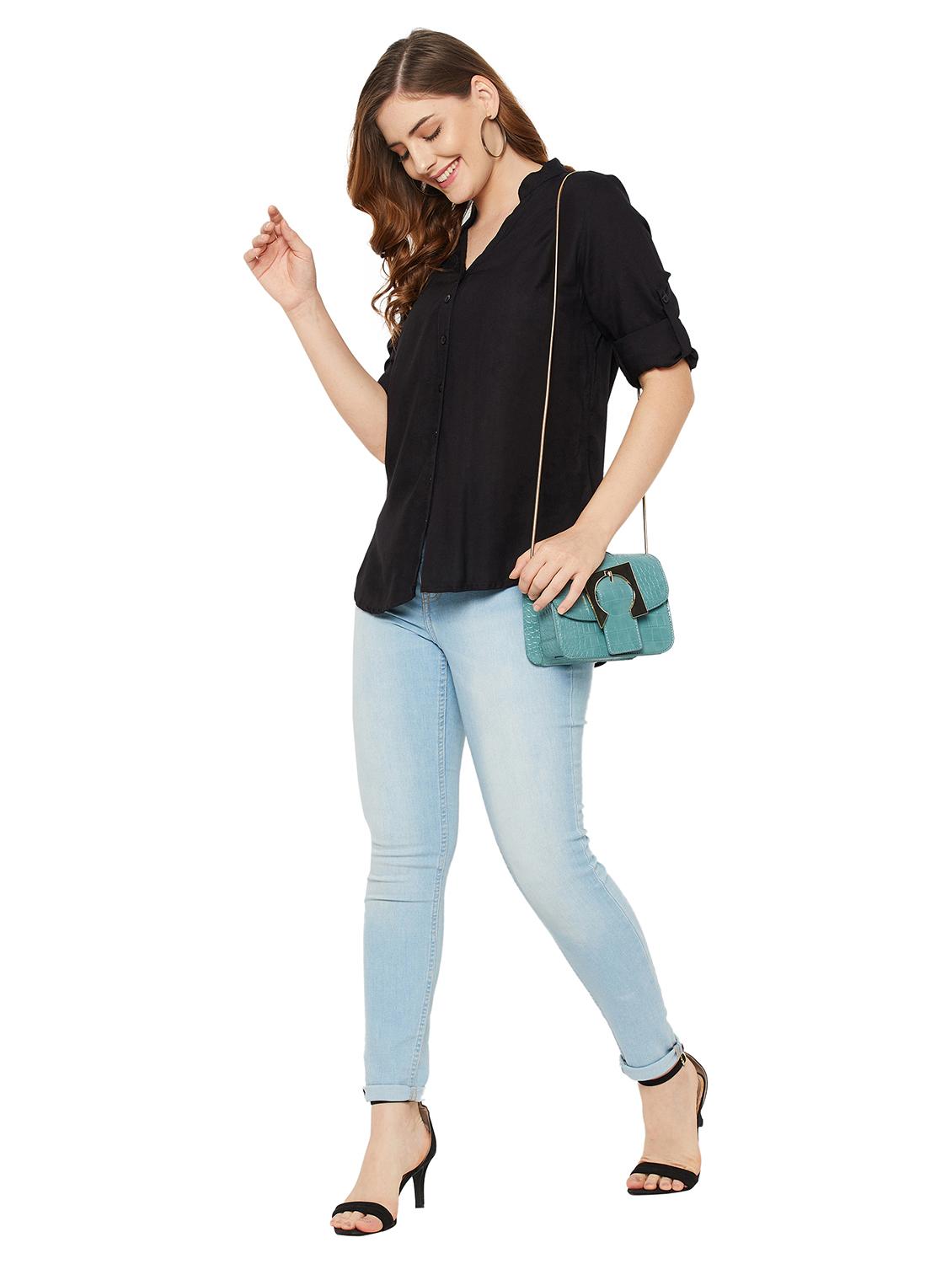 mandarin neck solid high low shirt - 18475905 - Zoom Image - 3