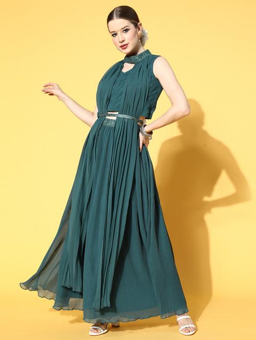 teal solid top with flared palazzo and multi slit shrug - 18477653 - Very Small Image - 1