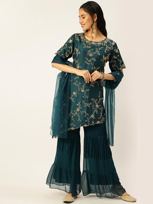 women embellished kurta sharara with dupatta set - 18480925 - Very Small Image - 1