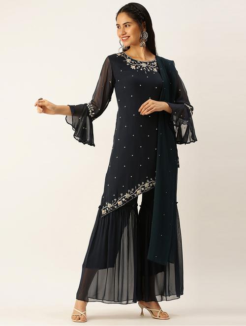 Women Embroidered Kurta Sharara With Dupatta Set - 18480926 - Very Small Image - 1