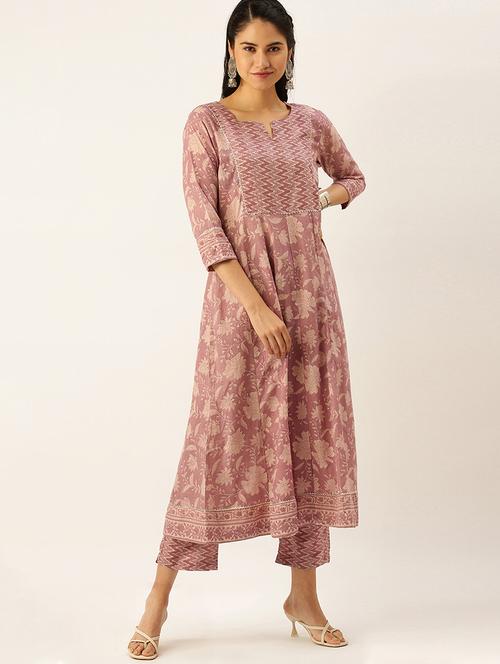 Women Mauve Floral Notch Neck Kurta Pant Set - 18480945 - Very Small Image - 1