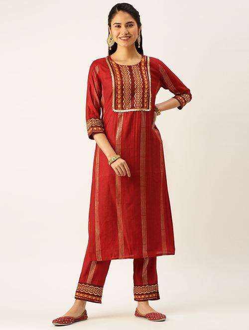Women Checks Round Neck Kurta Pant Set - 18480960 - Very Small Image - 1