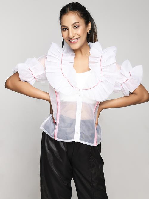 women's ruffle round neck top - 18481963 - Very Small Image - 1