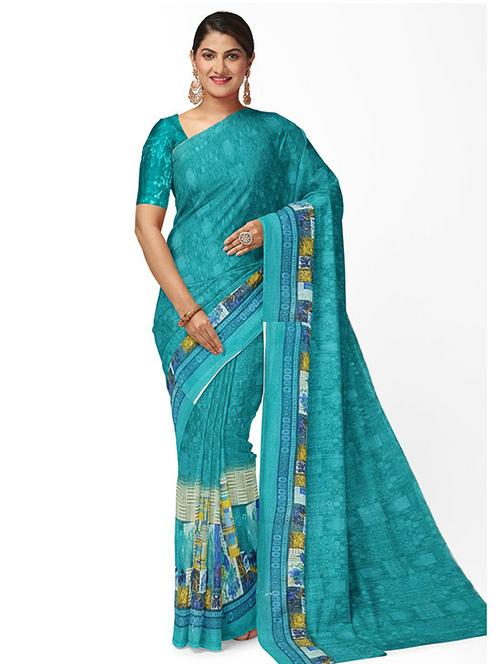 women's printed teal colored saree with blouse - 18482736 - Very Small Image - 1