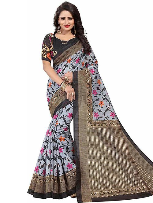 women's floral grey colored saree with blouse - 18484920 - Very Small Image - 1