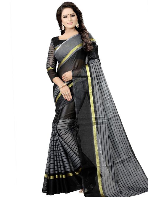 women's stripes black colored saree with blouse - 18485205 - Very Small Image - 1