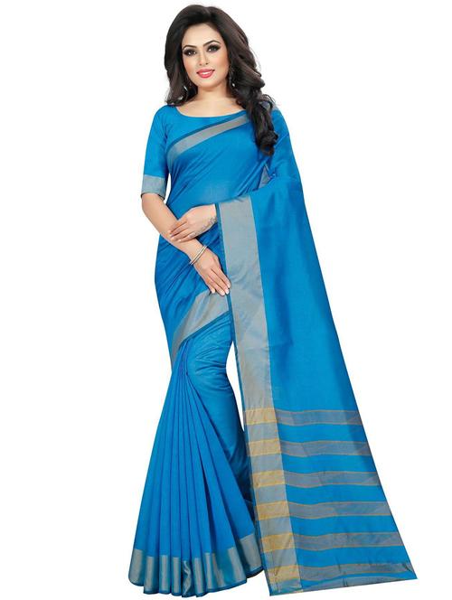 women's bordered royal blue colored saree with blouse - 18488131 - Very Small Image - 1