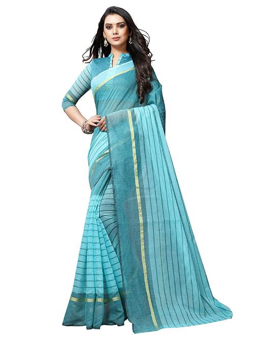 women's stripes aqua blue colored saree with blouse - 18488752 - Very Small Image - 1