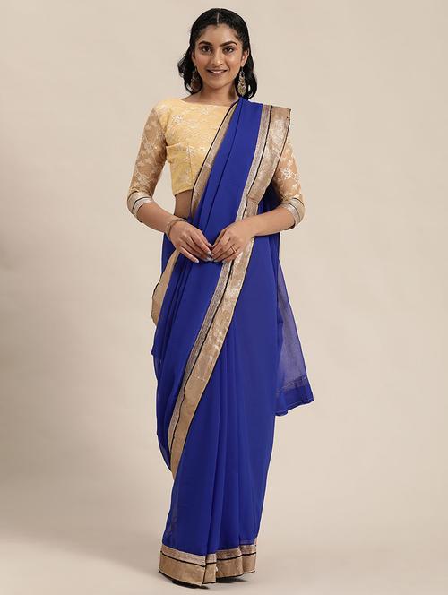 women's bordered blue colored saree with blouse - 18492246 - Very Small Image - 1