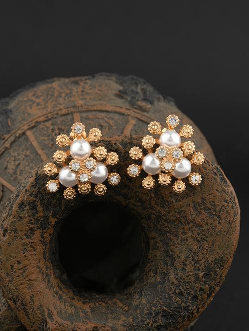 contemporary gold toned with white beads stud earring - 18498408 - Very Small Image - 1