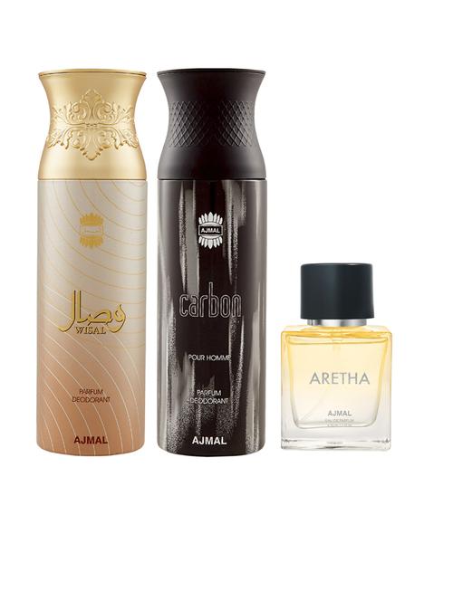 ajmal carbon homme & wisal dhahab deodorant spray gift for men each 200 ml and aretha edp 50 ml for women (450 ml, pack of 3) - 18499635 - Very Small Image - 1