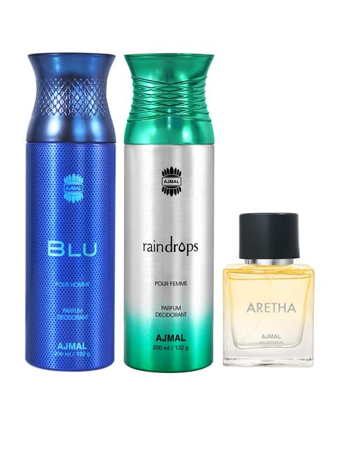 ajmal blu & raindrops deodorants gift for unisex each 200 ml and aretha edp 50 ml for women (450 ml, pack of 3) - 18499641 - Very Small Image - 1