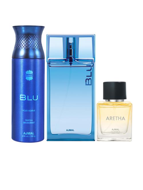 ajmal blu edp 90 ml perfume & blu perfume deodorant 200 ml and aretha edp 50 ml for women (total 340 ml, combo pack of 3) - 18499671 - Very Small Image - 1