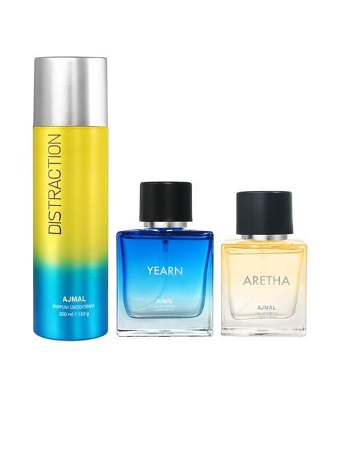 ajmal yearn edp for men 100ml & distraction  deo for unisex 200ml and aretha edp 50 ml for women combo pack of 3 (total 350ml) - 18499703 - Very Small Image - 1