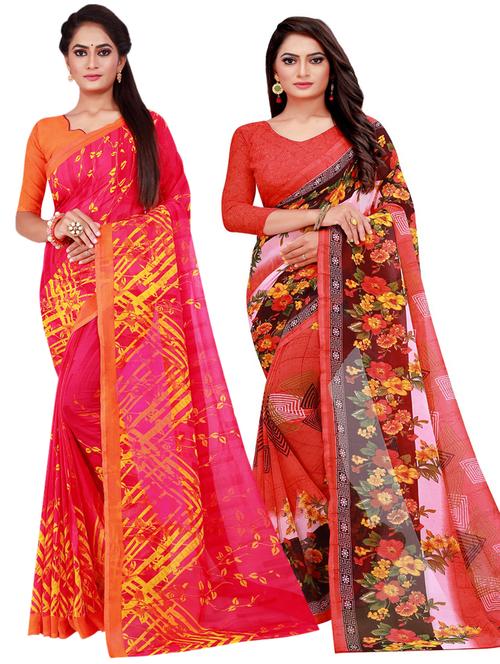 pack of 2 printed sarees with blouse - 18501647 - Very Small Image - 1