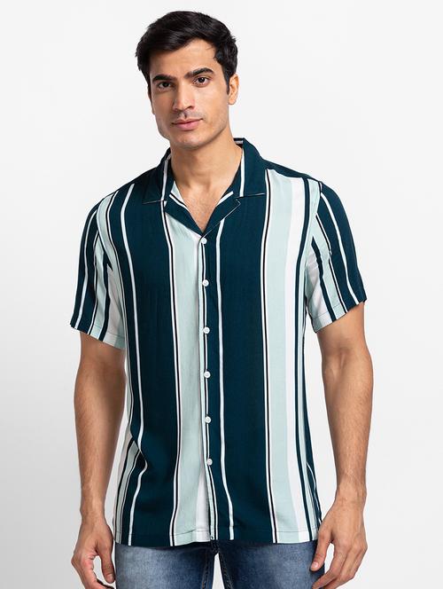 globus men teal & white stripes cuban collar short sleeves casual shirt - 18507794 - Very Small Image - 1