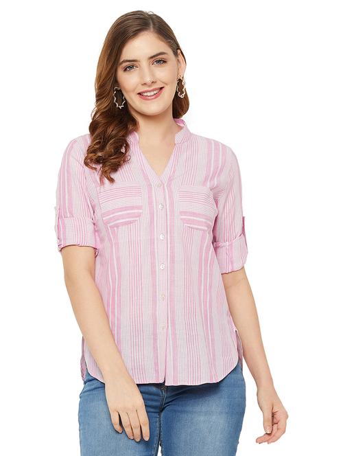 mandarin collar striped regular shirt - 18517596 - Very Small Image - 1