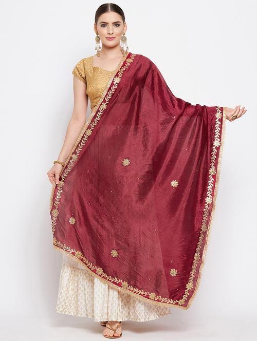 maroon embroidered lace detailed dupatta - 18519301 - Very Small Image - 1