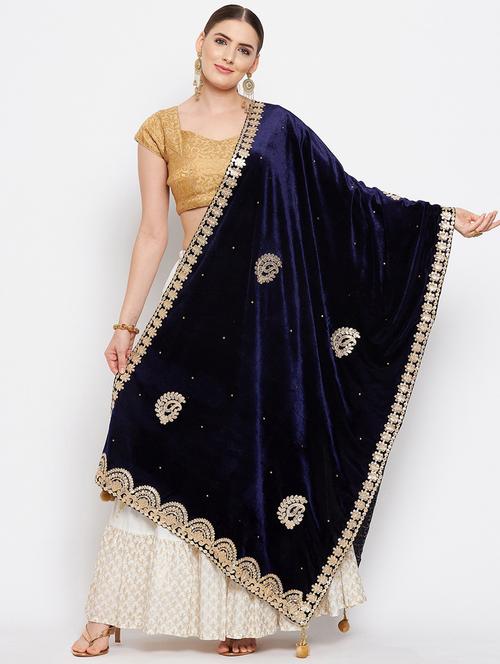 navy blue embroidered gotta patti velvet dupatta - 18519327 - Very Small Image - 1