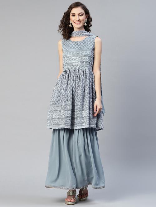 women grey sleeveless kurta sharara with dupatta set - 18519425 - Very Small Image - 1