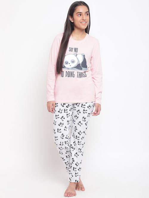 girls round neck printed nightwear pyjama set - 18519507 - Very Small Image - 1