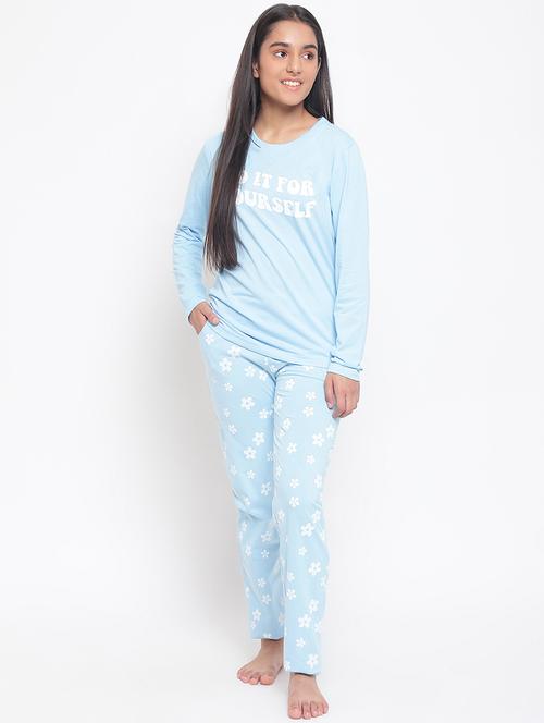 girls round neck printed nightwear pyjama set - 18519514 - Very Small Image - 1