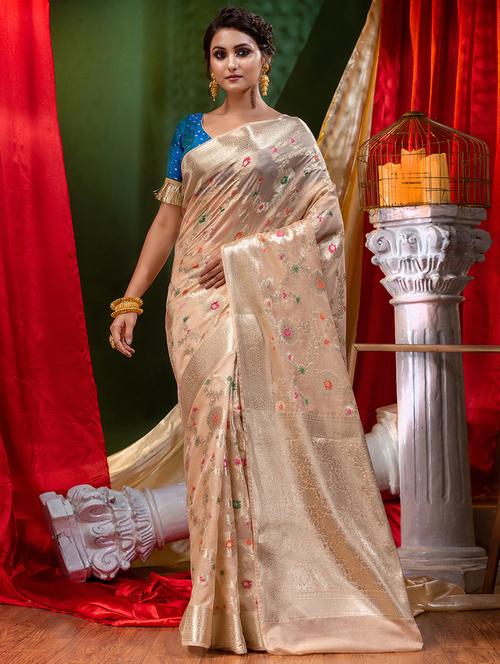 women's self design beige colored saree with blouse - 18528599 - Very Small Image - 1