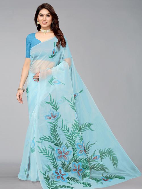 women's floral light blue colored saree with blouse - 18531699 - Very Small Image - 1