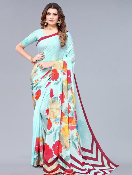 Women's Floral Light Blue Colored Saree With Blouse - 18531704 - Very Small Image - 1