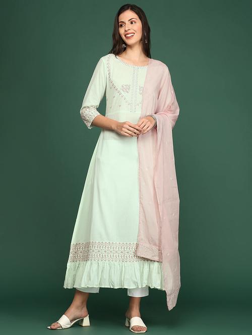women embroidered round neck kurta dupatta set - 18532113 - Very Small Image - 1