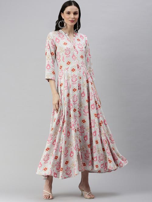 women cream mandarin neck anarkali kurta - 18532144 - Very Small Image - 1